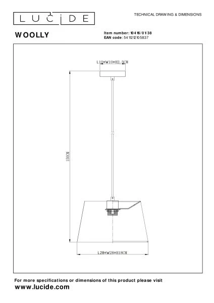 Lucide WOOLLY - Hanglamp - Ø 28 cm - 1xE27 - Beige - technisch